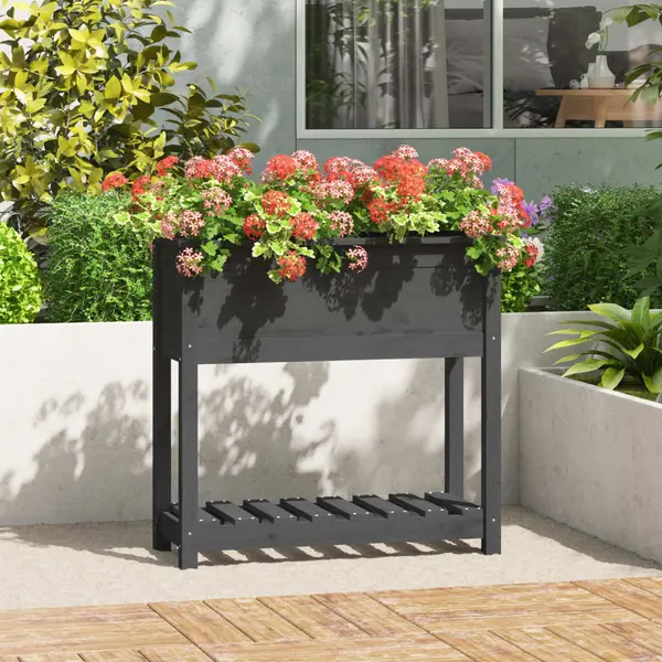 Gossi jardiniera cu raft, gri, 82,5x34,5x81 cm, lemn masiv de pin