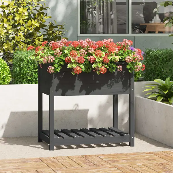 Gossi jardiniera cu raft, gri, 82,5x54x81 cm, lemn masiv de pin