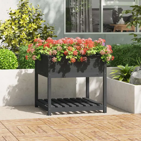 Gossi jardiniera cu raft, gri, 82,5x82,5x81 cm, lemn masiv de pin