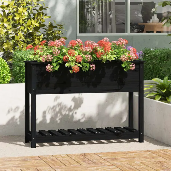 Gossi jardiniera cu raft, negru, 111,5x34,5x81 cm, lemn masiv de pin