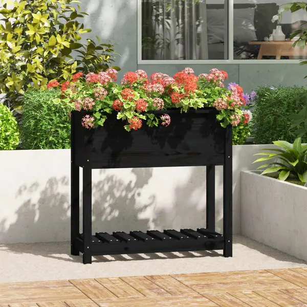 Gossi jardiniera cu raft, negru, 82,5x34,5x81 cm, lemn masiv de pin