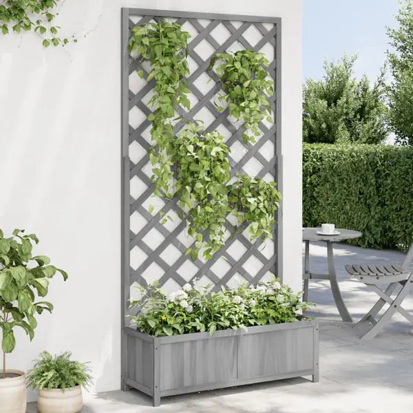 Gossi jardiniera cu spalier, gri, lemn masiv de brad