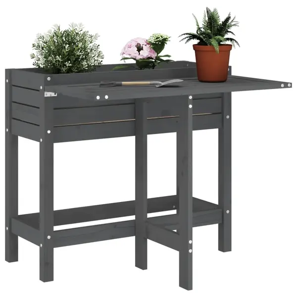 Gossi jardiniera de gradina cu blat pliabil gri lemn masiv pin