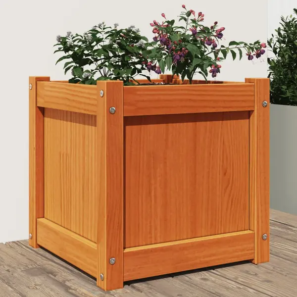 Gossi jardiniera de gradina, maro ceruit, 40x40x40 cm, lemn masiv pin