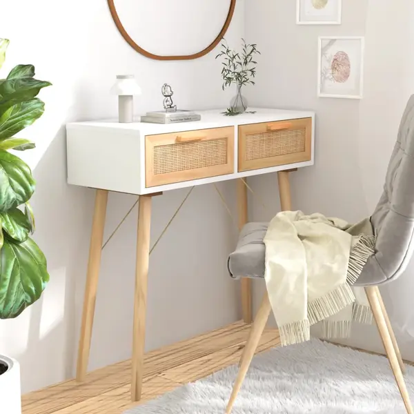 Gossi masa consola alb 80x30x75 cm lemn masiv pin si ratan natural