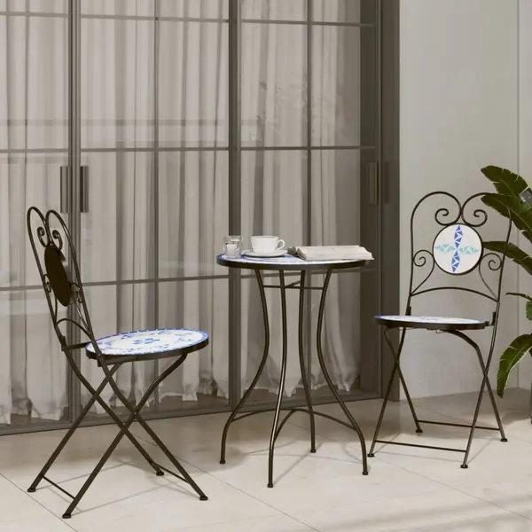 Gossi masa de bistro cu mozaic, albastru si alb, fier si ceramica