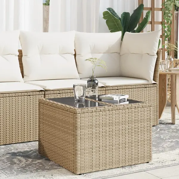Gossi masa de gradina cu blat din sticla, bej, 55x55x37 cm, poliratan