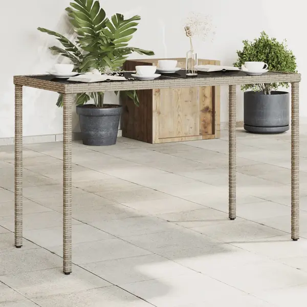 Gossi masa de gradina cu blat din sticla gri, 115x54x74cm, poliratan