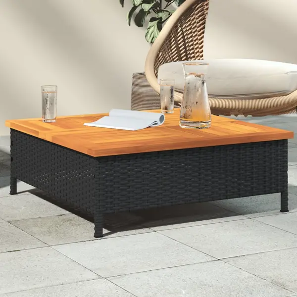Gossi masa de gradina, negru, 70x70x25 cm, poliratan si lemn acacia