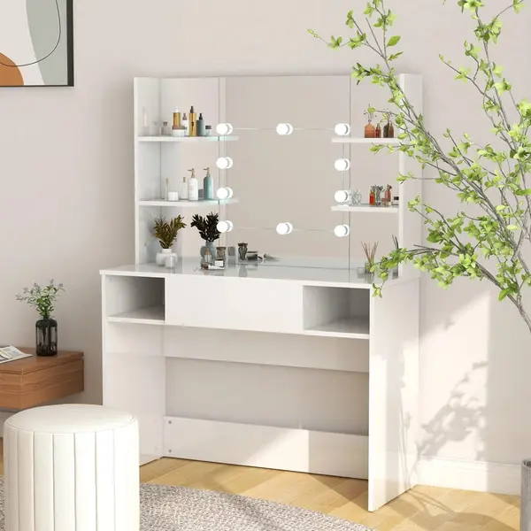 Gossi masa de machiaj cu lumini led, alb lucios, 100x40x135 cm, mdf