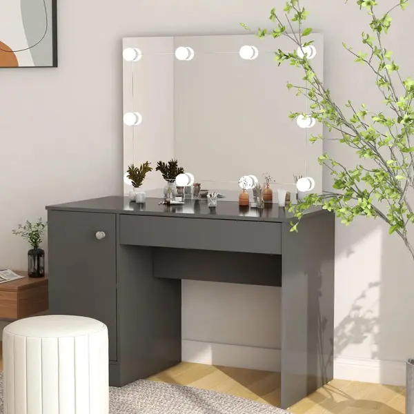 Gossi masa de machiaj cu lumini led, gri, 110x55x145 cm, mdf