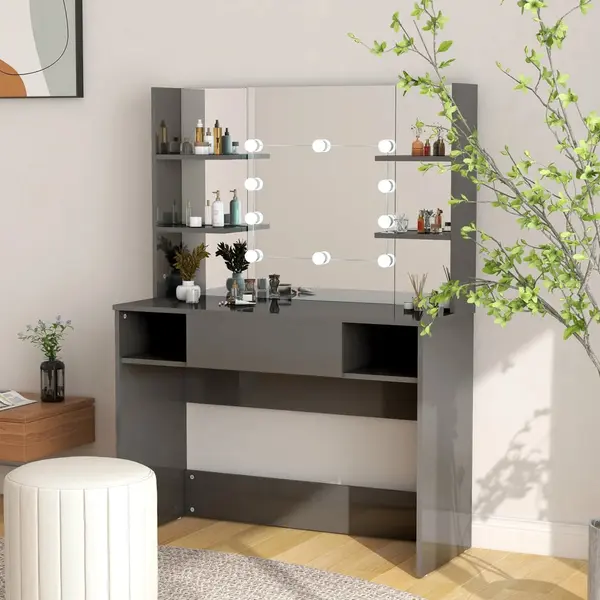 Gossi masa de machiaj cu lumini led, gri lucios, 100x40x135 cm, mdf