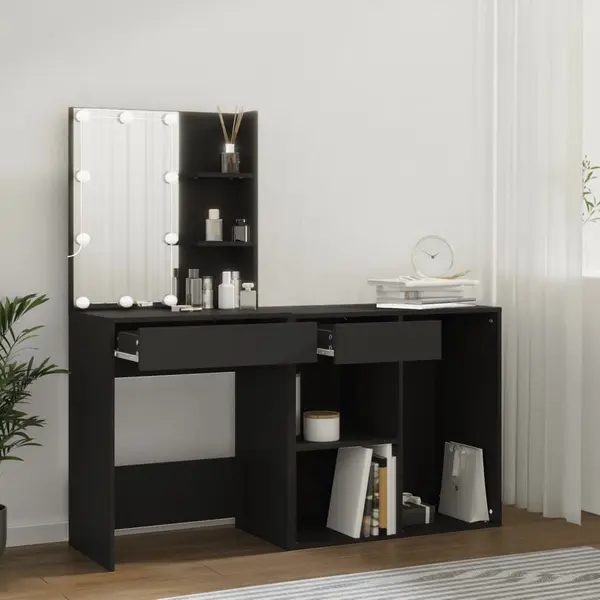 Gossi masa de toaleta cu led si dulap, negru, lemn prelucrat