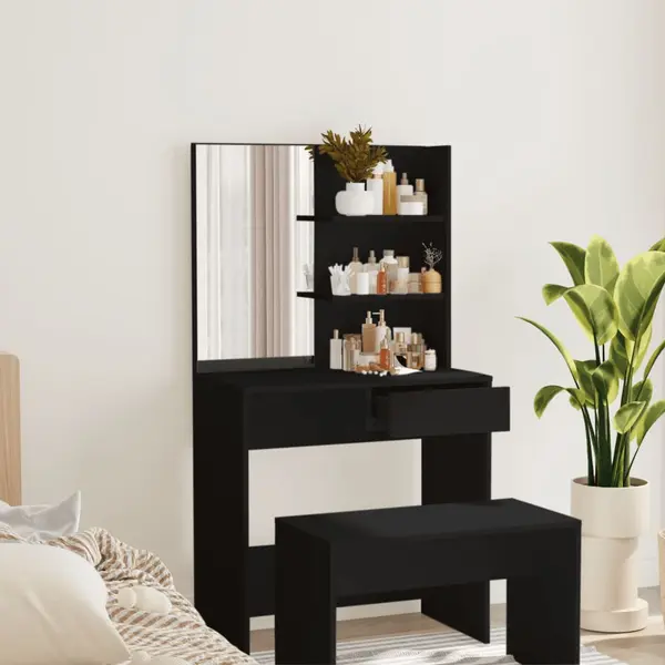 Gossi masa de toaleta cu oglinda, negru, 74,5x40x141 cm