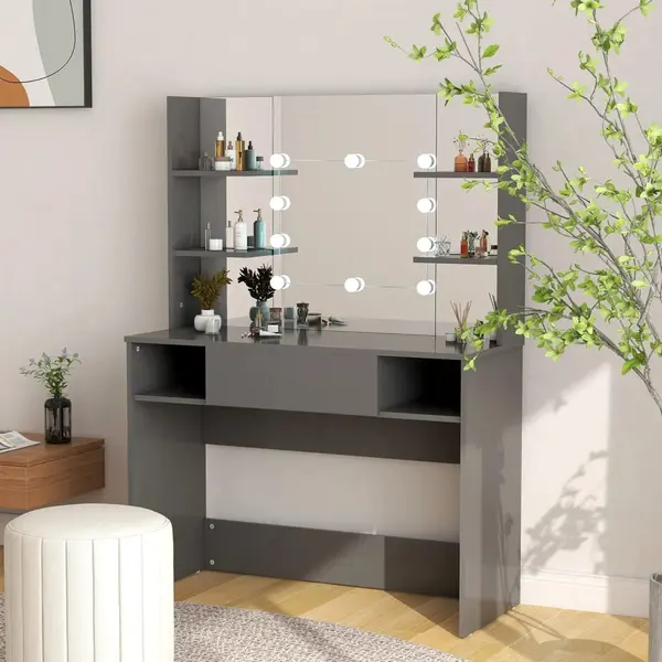 Gossi masa machiaj cu lumini led, gri, 100x40x135 cm , mdf