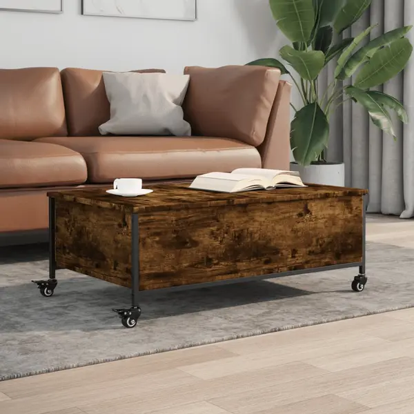 Gossi masuta cafea cu roti stejar fumuriu 91x55x34 cm lemn prelucrat