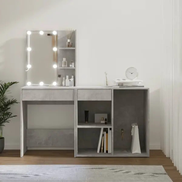 Gossi masuta de toaleta cu led si dulap, gri beton, lemn prelucrat