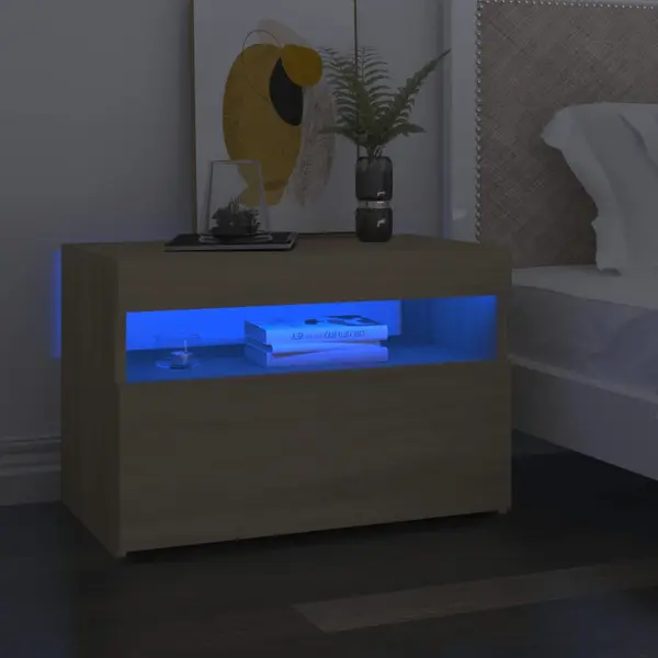 Gossi noptiera cu lumini led, 2 buc., stejar sonoma, 60x35x40 cm