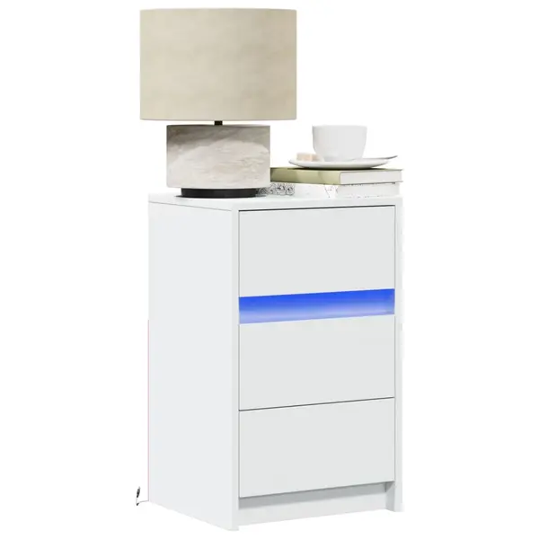 Gossi noptiera cu lumini led, alb, lemn prelucrat