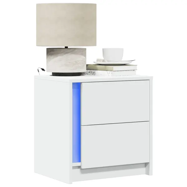 Gossi noptiera cu lumini led, alb, lemn prelucrat