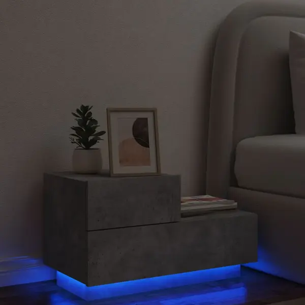 Gossi noptiera cu lumini led, gri beton, 70x36x40,5 cm