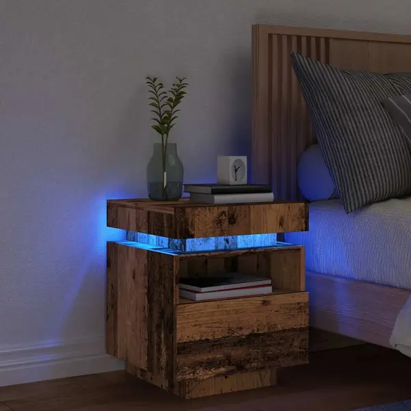 Gossi noptiera cu lumini led, lemn vechi, 40x39x48,5 cm