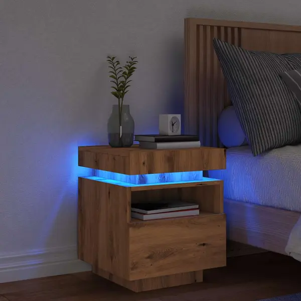 Gossi noptiera cu lumini led, stejar artizanal, 40x39x48,5 cm