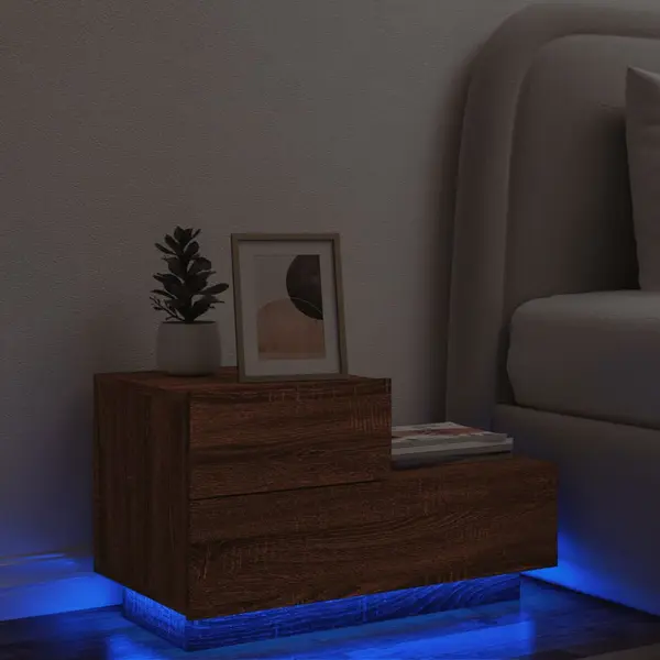 Gossi noptiera cu lumini led, stejar maro, 70x36x40,5 cm