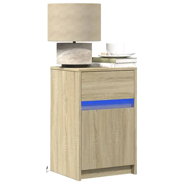 Gossi noptiera cu lumini led, stejar sonoma, lemn prelucrat