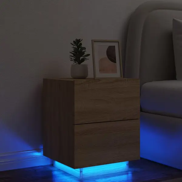Gossi noptiera cu lumini led, stejar sonoma, lemn prelucrat