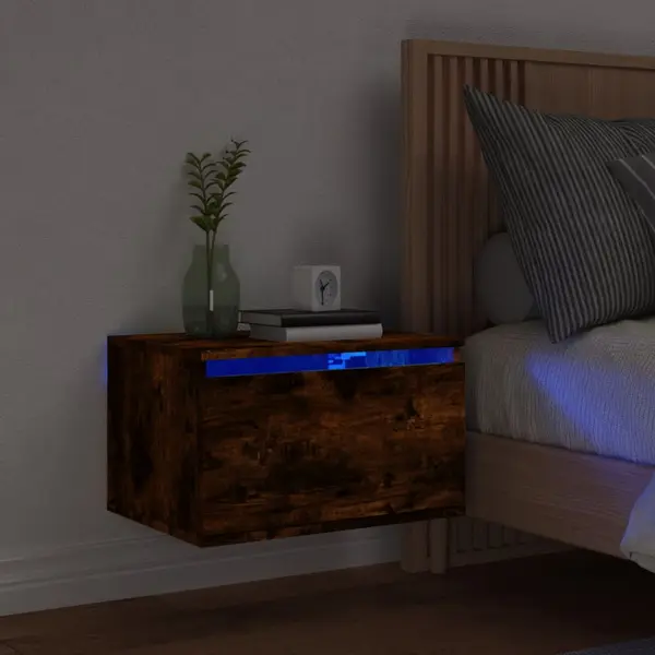 Gossi noptiera montata pe perete cu lumini led, stejar fumuriu