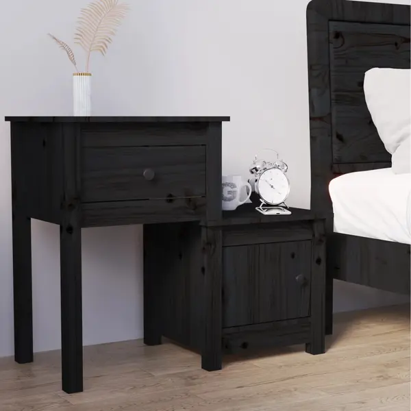 Gossi noptiera, negru, 79,5x38x65,5 cm, lemn masiv de pin