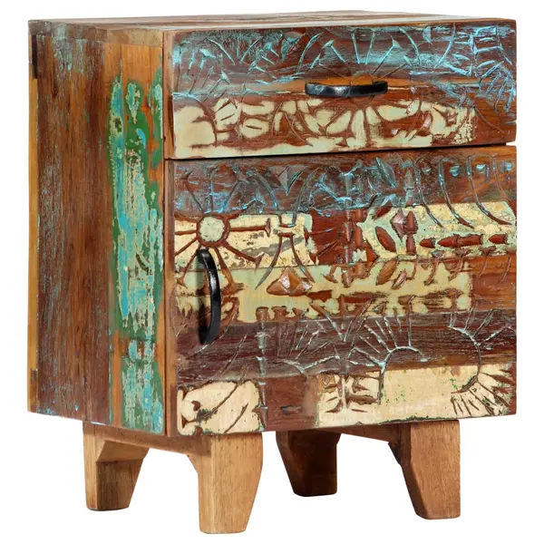 Gossi noptiera sculptata manual, 40 x 30 x 50 cm, lemn masiv reciclat