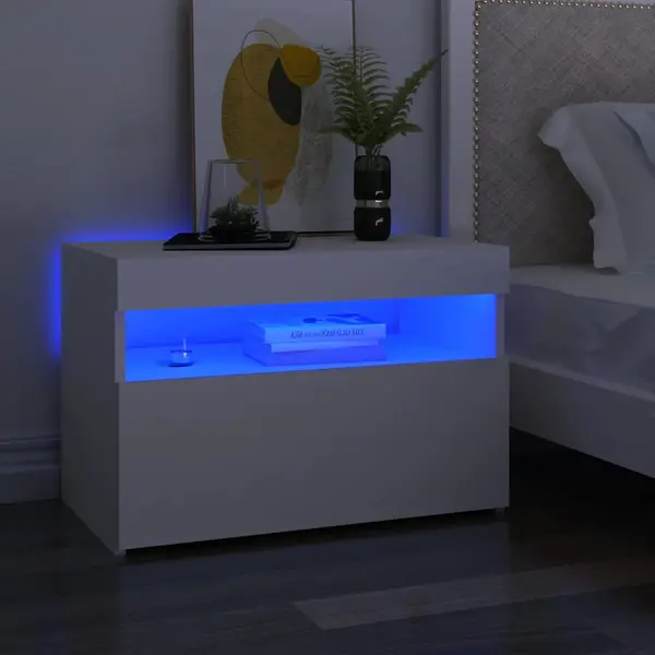 Gossi noptiere cu lumini led, 2 buc., alb, 60x35x40cm, lemn prelucrat