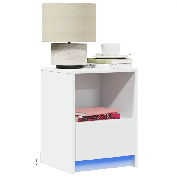 Gossi noptiere cu lumini led, 2 buc., alb, lemn prelucrat