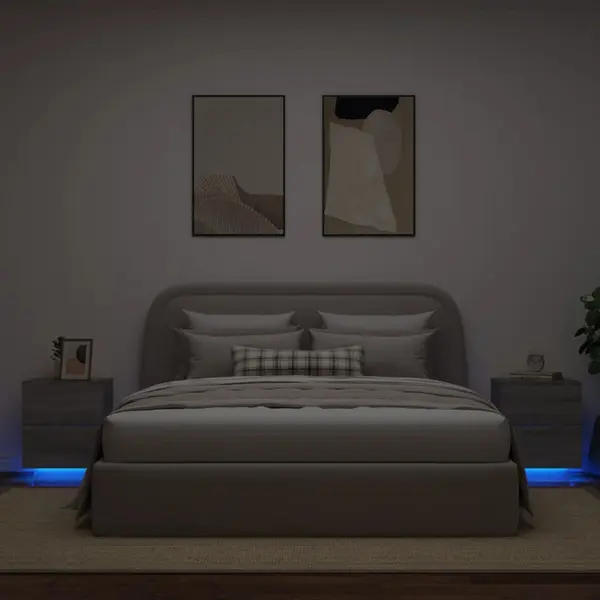 Gossi noptiere cu lumini led, 2 buc., sonoma gri, lemn prelucrat