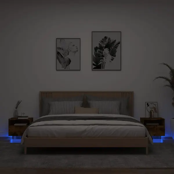 Gossi noptiere cu lumini led, 2 buc., stejar fumuriu, 40x39x37 cm