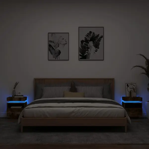 Gossi noptiere cu lumini led, 2 buc., stejar fumuriu, 40x39x48,5 cm