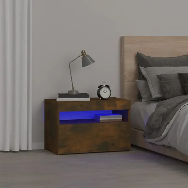 Gossi noptiere cu lumini led, stejar fumuriu, 60x35x40 cm
