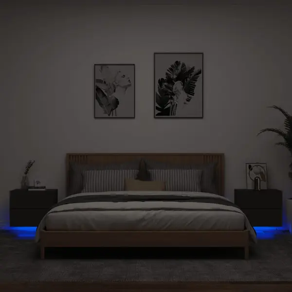Gossi noptiere montate pe perete cu lumini led, 2 buc., negru