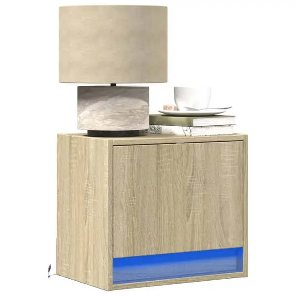 Gossi noptiere montate pe perete cu lumini led, 2 buc., stejar sonoma