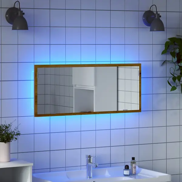 Gossi oglinda baie led stejar artizanal, 100x8,5x37 cm lemn prelucrat