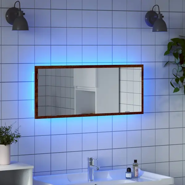 Gossi oglinda de baie led stejar maro, 100x8,5x37 cm lemn prelucrat