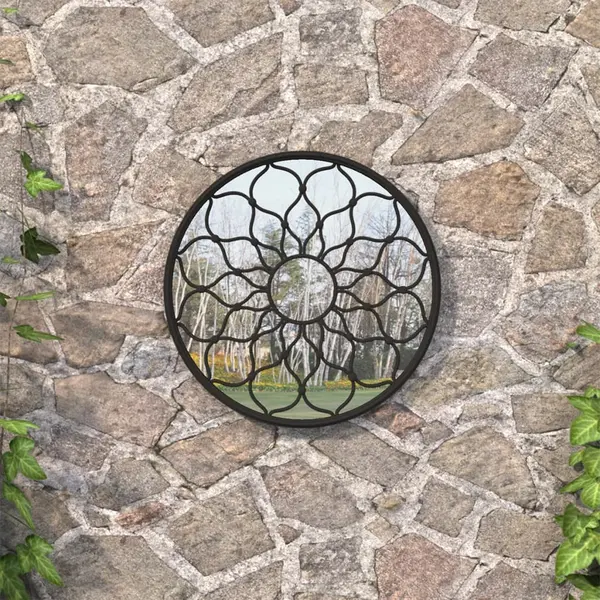 Gossi oglinda de gradina rotunda, negru, 60x3 cm, fier, uz exterior