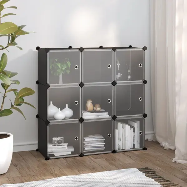 Gossi organizator cub de depozitare cu usi, 9 cuburi, negru, pp