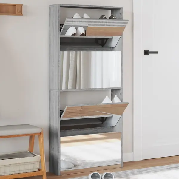 Gossi pantofar cu oglinda, 4 niveluri, gri sonoma, 63x17x134 cm