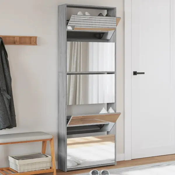 Gossi pantofar cu oglinda, 5 niveluri, gri sonoma, 63x17x169,5 cm