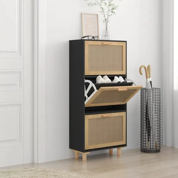 Gossi pantofar, negru, 52x25x115 cm, lemn prelucrat si ratan natural