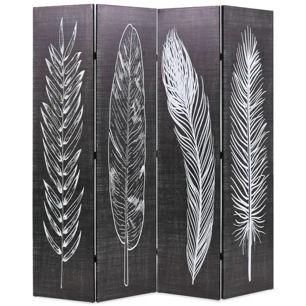 Gossi paravan camera pliabil, negru&alb, 160 x 170 cm, imprimeu pene