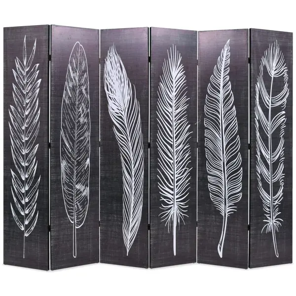 Gossi paravan camera pliabil, negru&alb, 228 x 170 cm, imprimeu pene